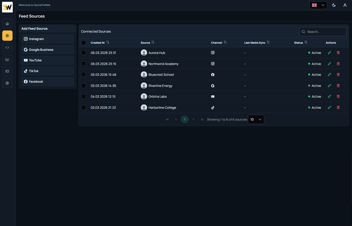 Feed source management mockup
