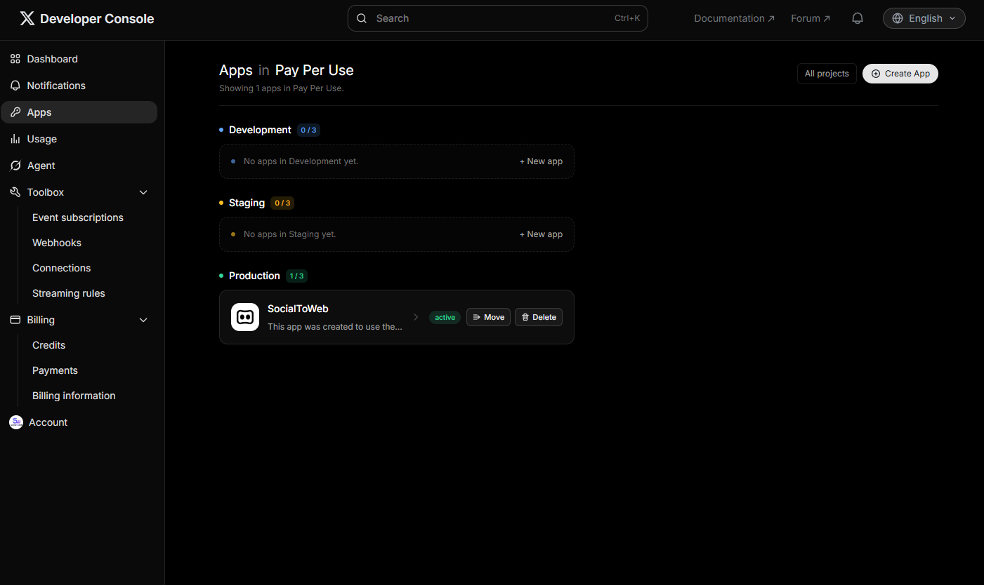 Apps in Pay Per Use — uygulama listesi ve “Create App”