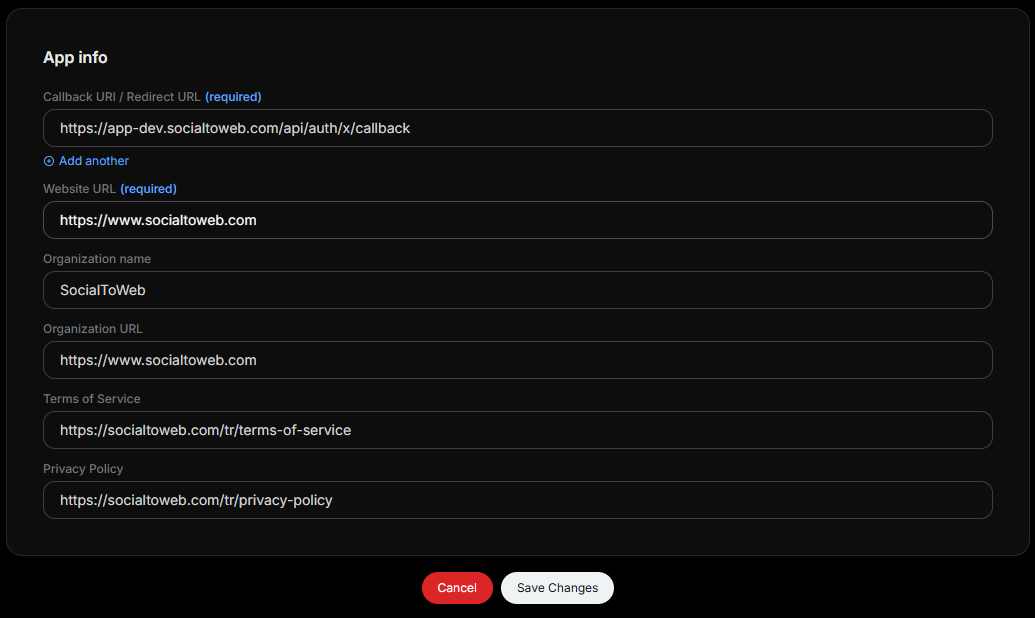 App info — Callback URI ve Website URL alanları doldurulmuş