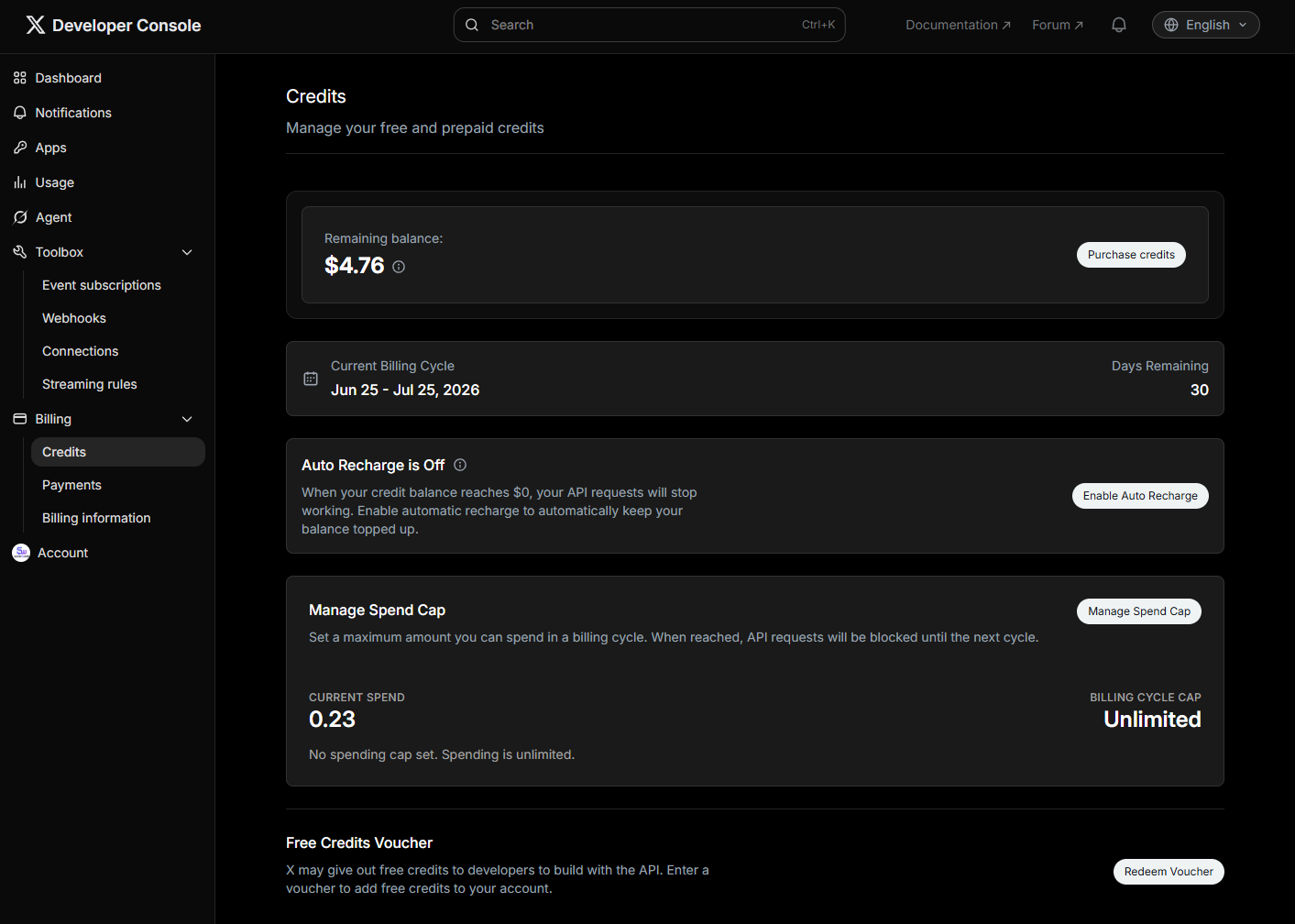 Developer Console — Credits / kredi bakiyesi ve “Purchase credits”