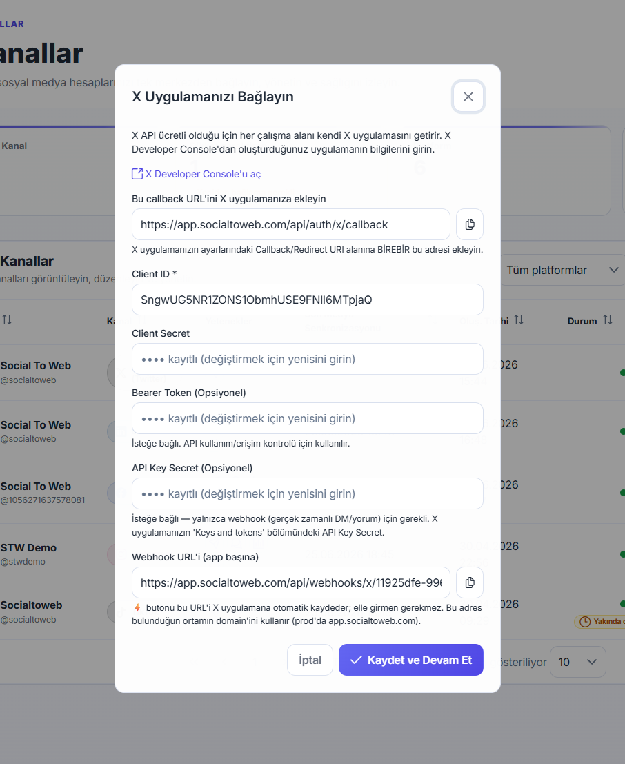 SocialToWeb “X Uygulamanızı Bağlayın” formu