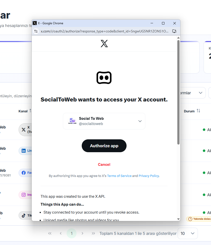X “Authorize app” yetkilendirme ekranı